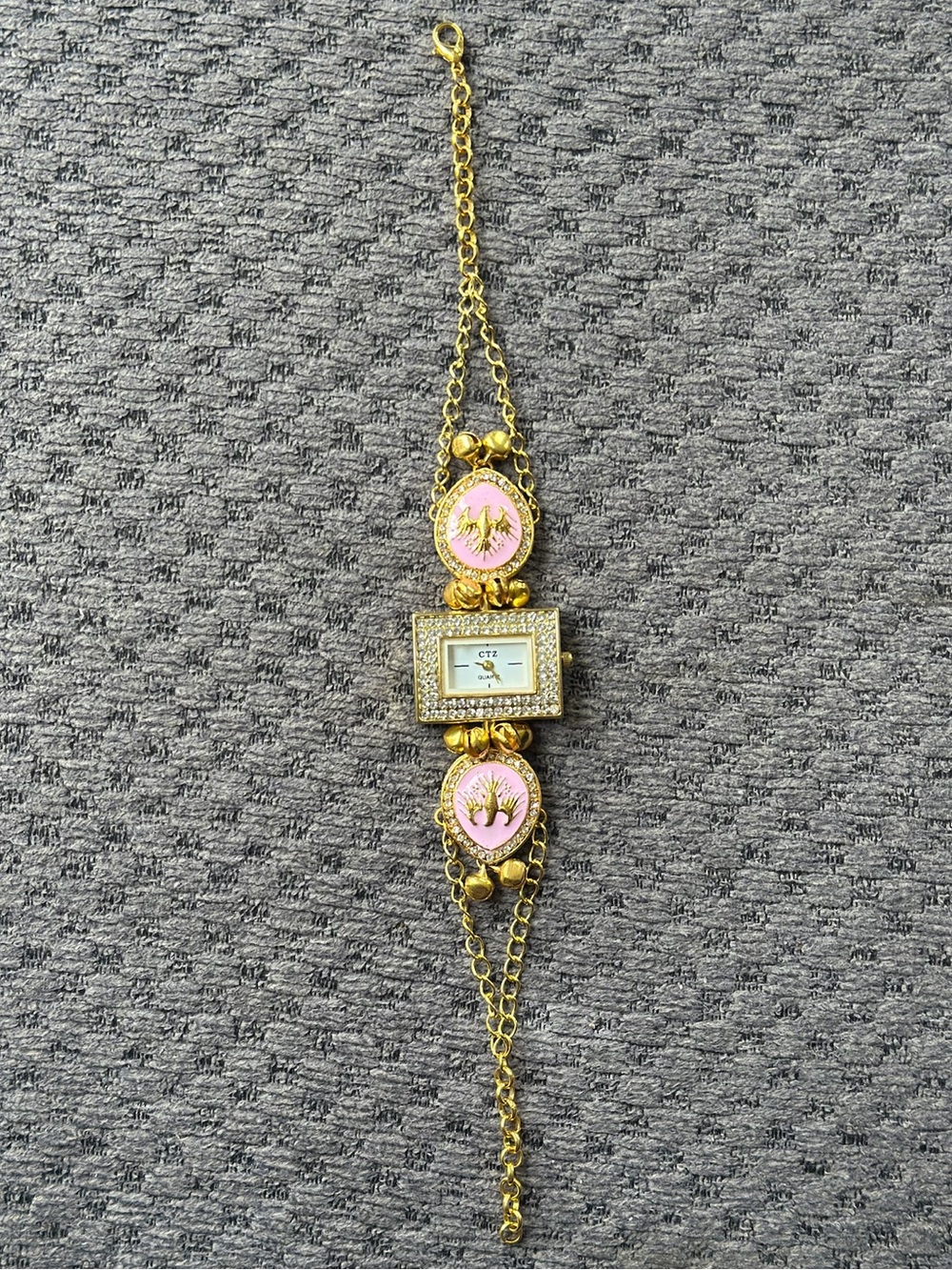 Gold-Tone Pink Enamel Bracelet Watch with Crystal-Trim Face